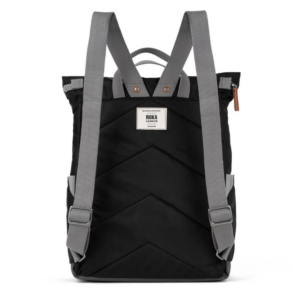 Black backpack with gray straps on a white background