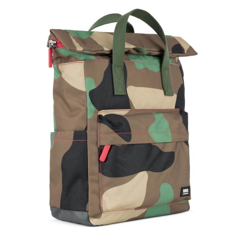 Roka Camouflage backpack with green straps on a white background