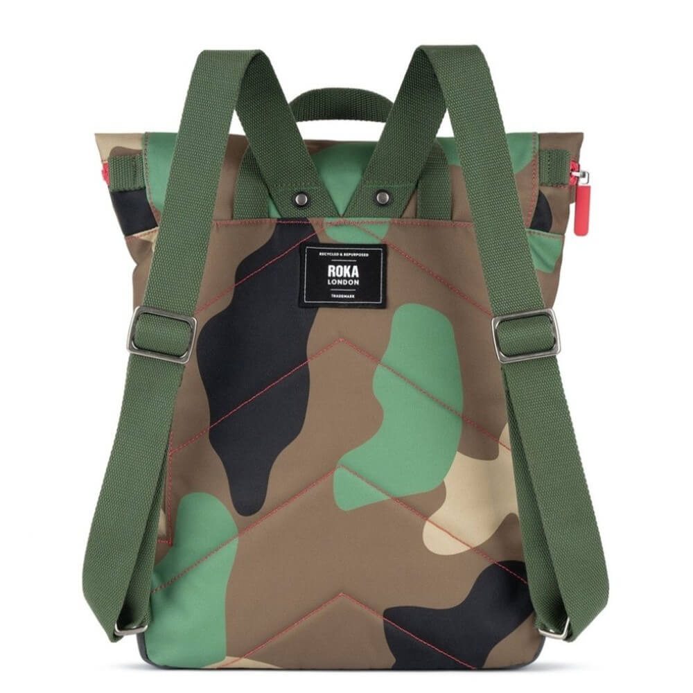 Roka Camouflage backpack with green straps on a white background