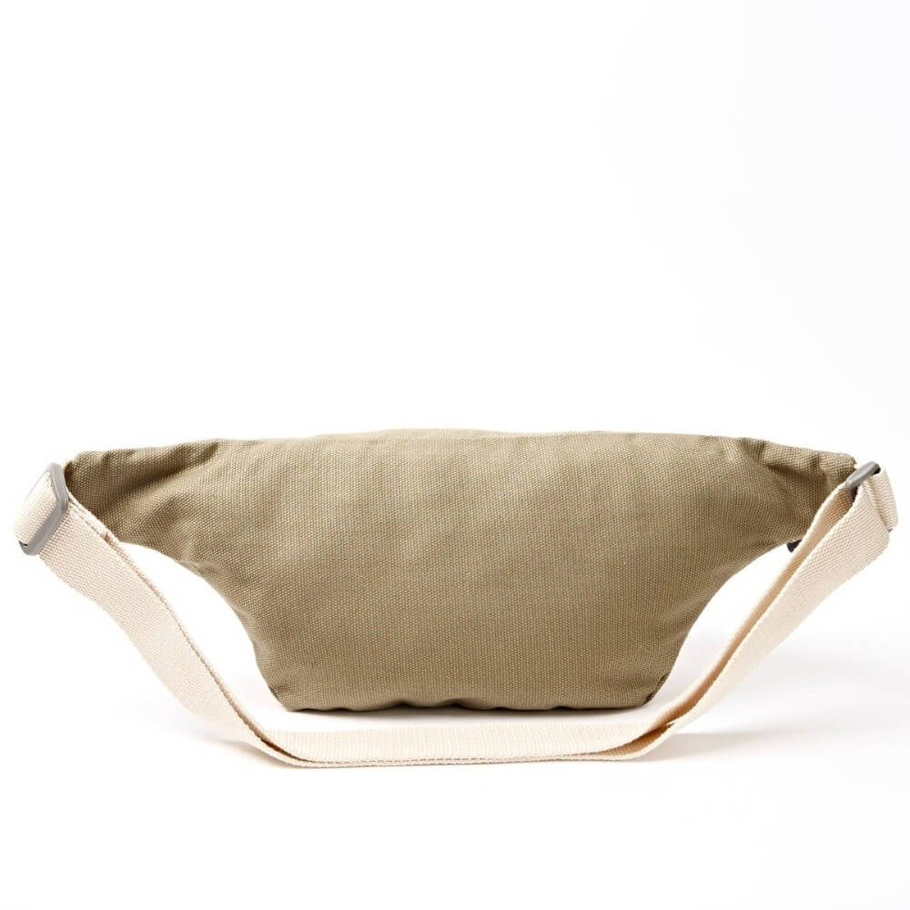 Roka Taupe Bum bag with a beige strap on a white background