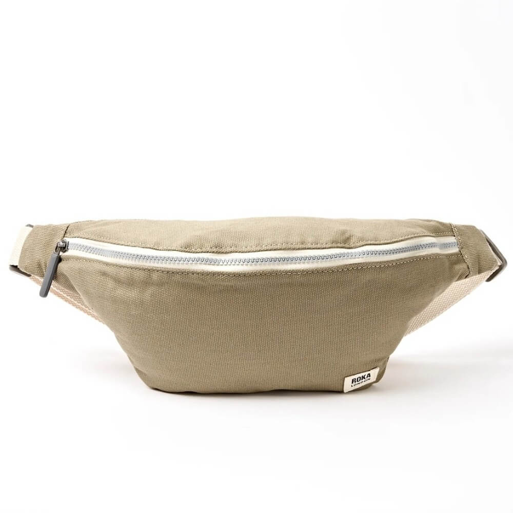 Roka Beige waist bag with a zipper on a white background