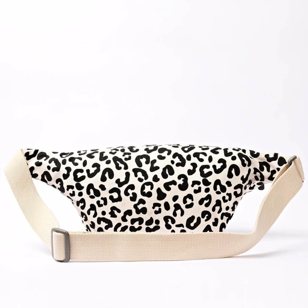 Leopard print waist bag on a white background