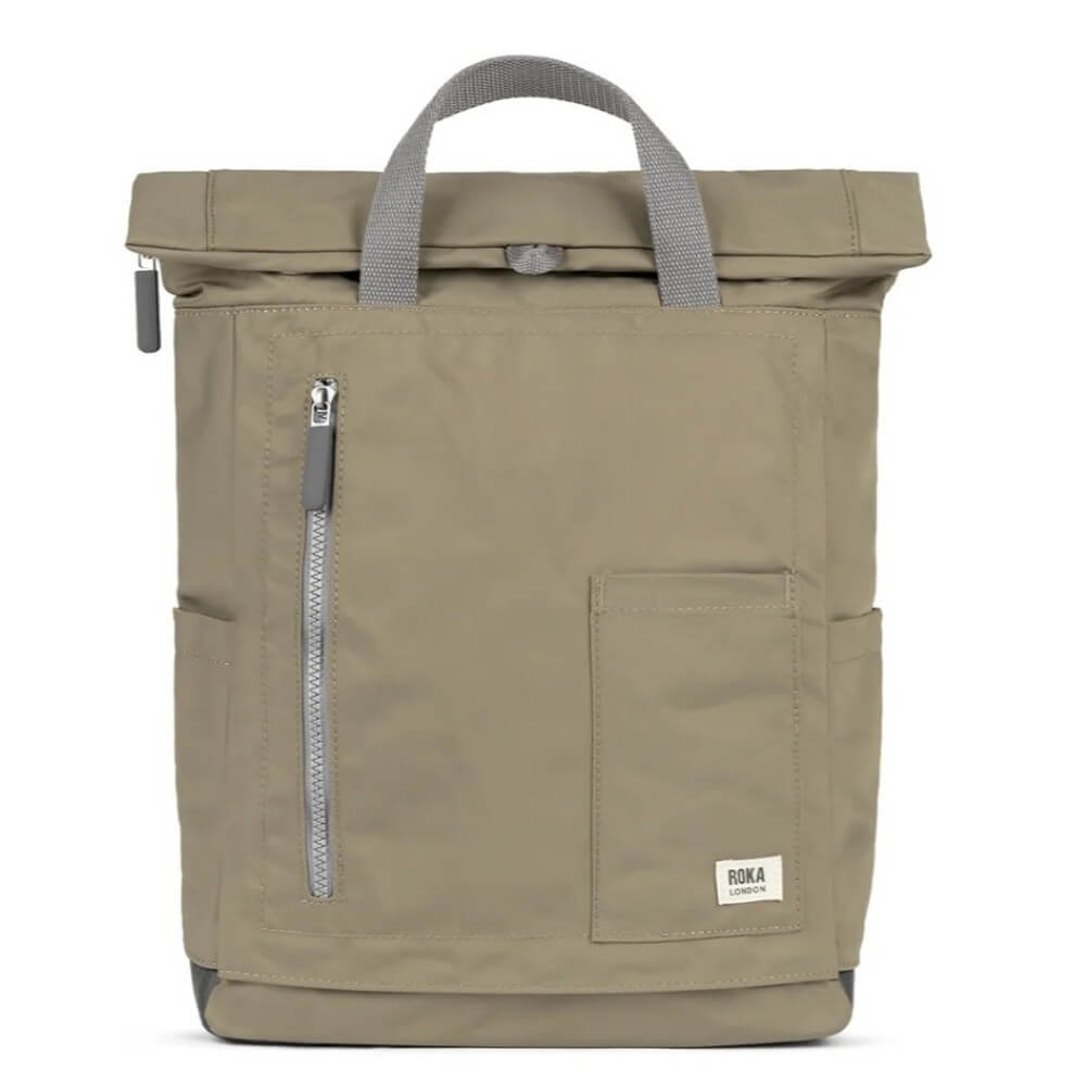 Khaki backpack with gray straps on a white background
