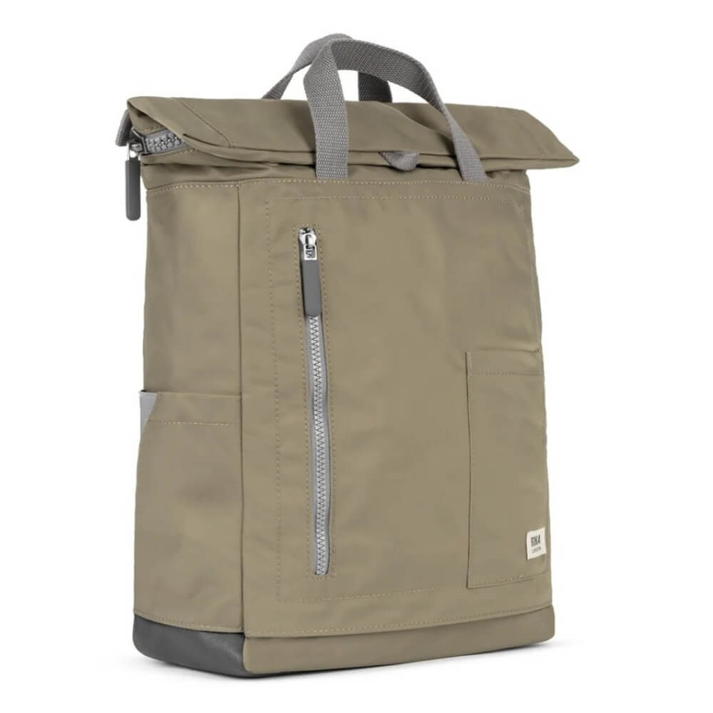 Beige backpack with gray straps on a white background