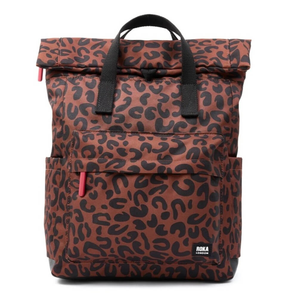 Brown backpack with black leopard print pattern on a white background