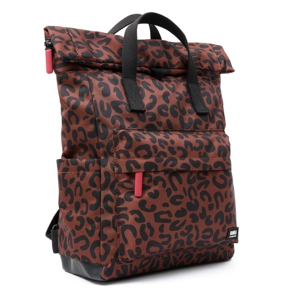 Backpack with brown leopard print pattern on a white background