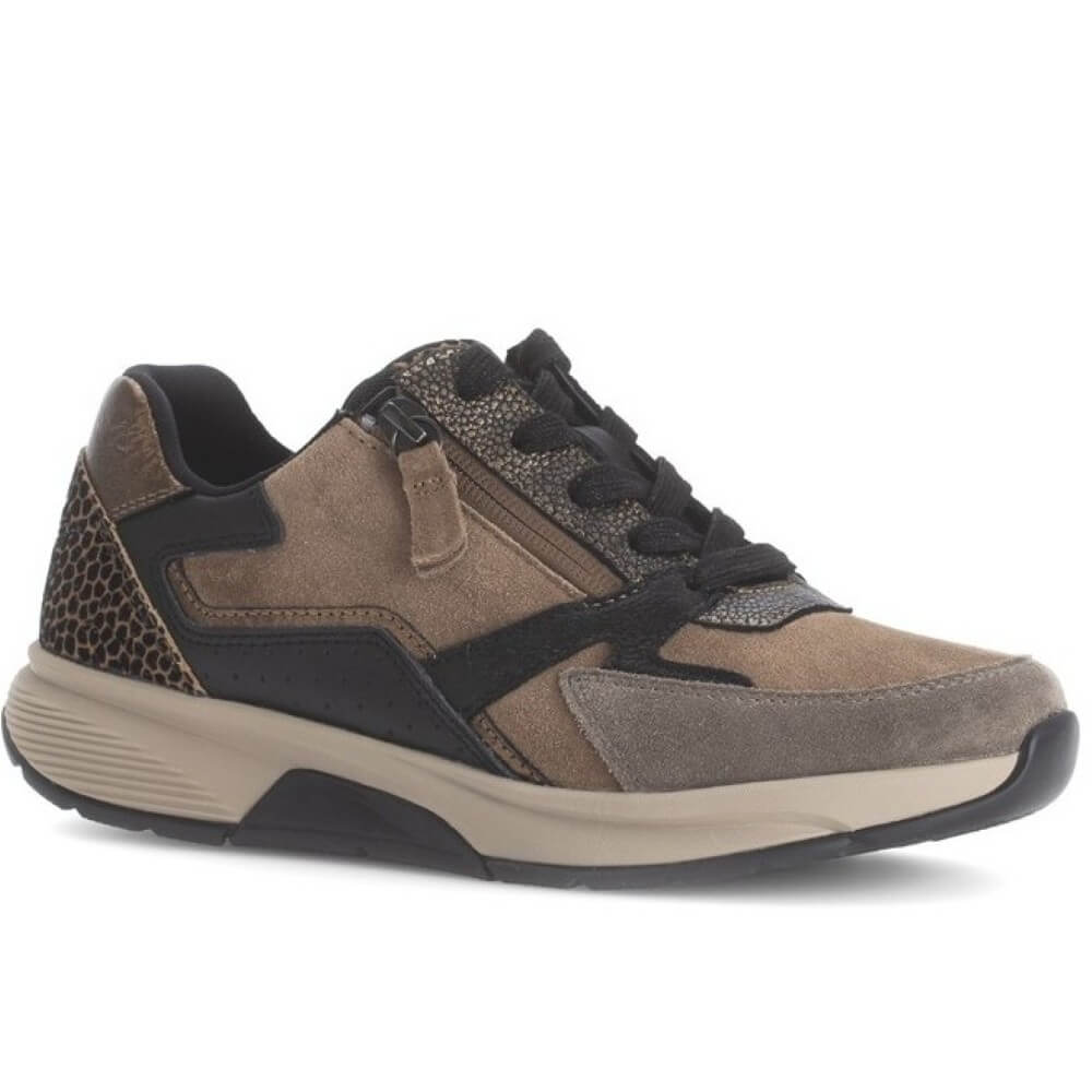 A Rollingsoft low-top sneaker in brown and black suede and mesh with a beige midsole, shown from a side profile on a white background.