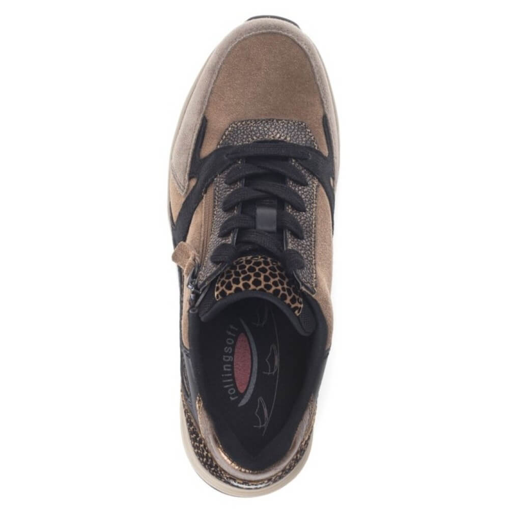 A top-down view of a Rollingsoft low-top sneaker featuring a mix of taupe suede, black leather panels, and leopard-print fabric on the collar and midsole.