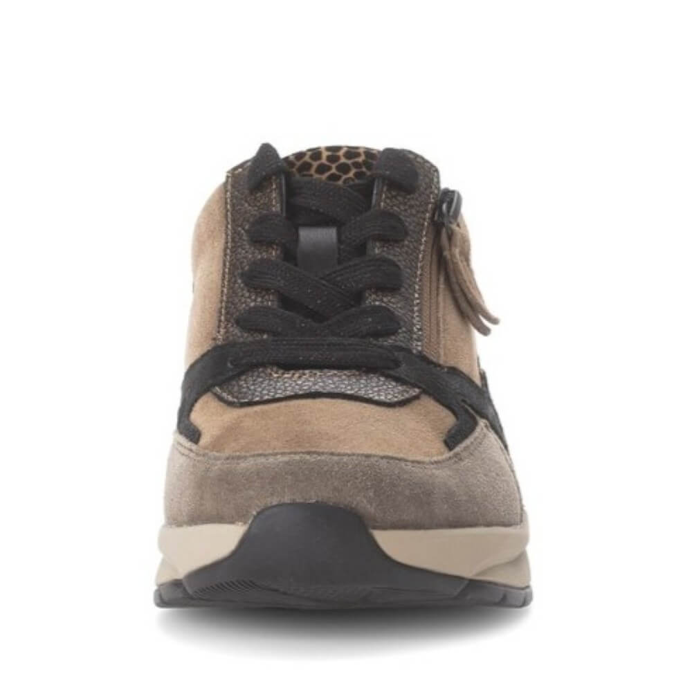 A Rollingsoft low-top sneaker in brown and black suede and mesh with a beige midsole, shown from a front profile on a white background.