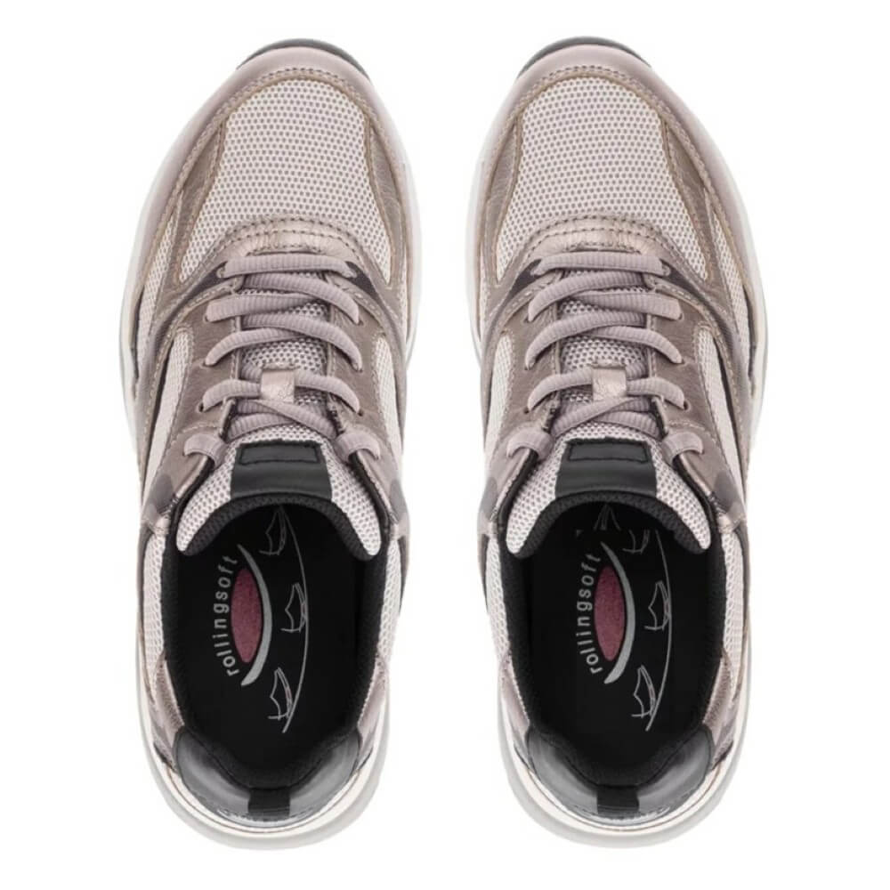 Pair of gray athletic shoes with visible brand logo on a white background