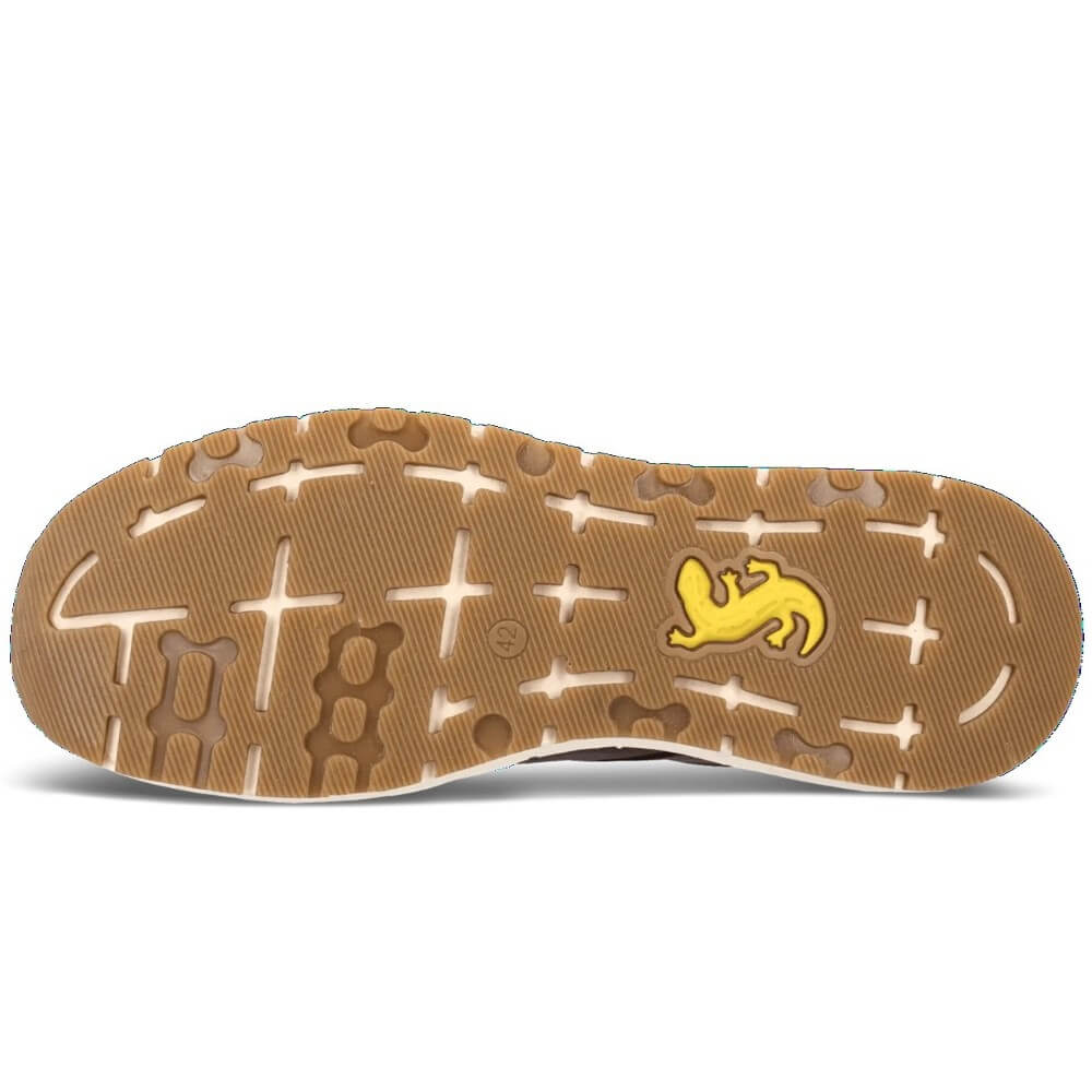 Brown shoe sole with a yellow logo on a white background