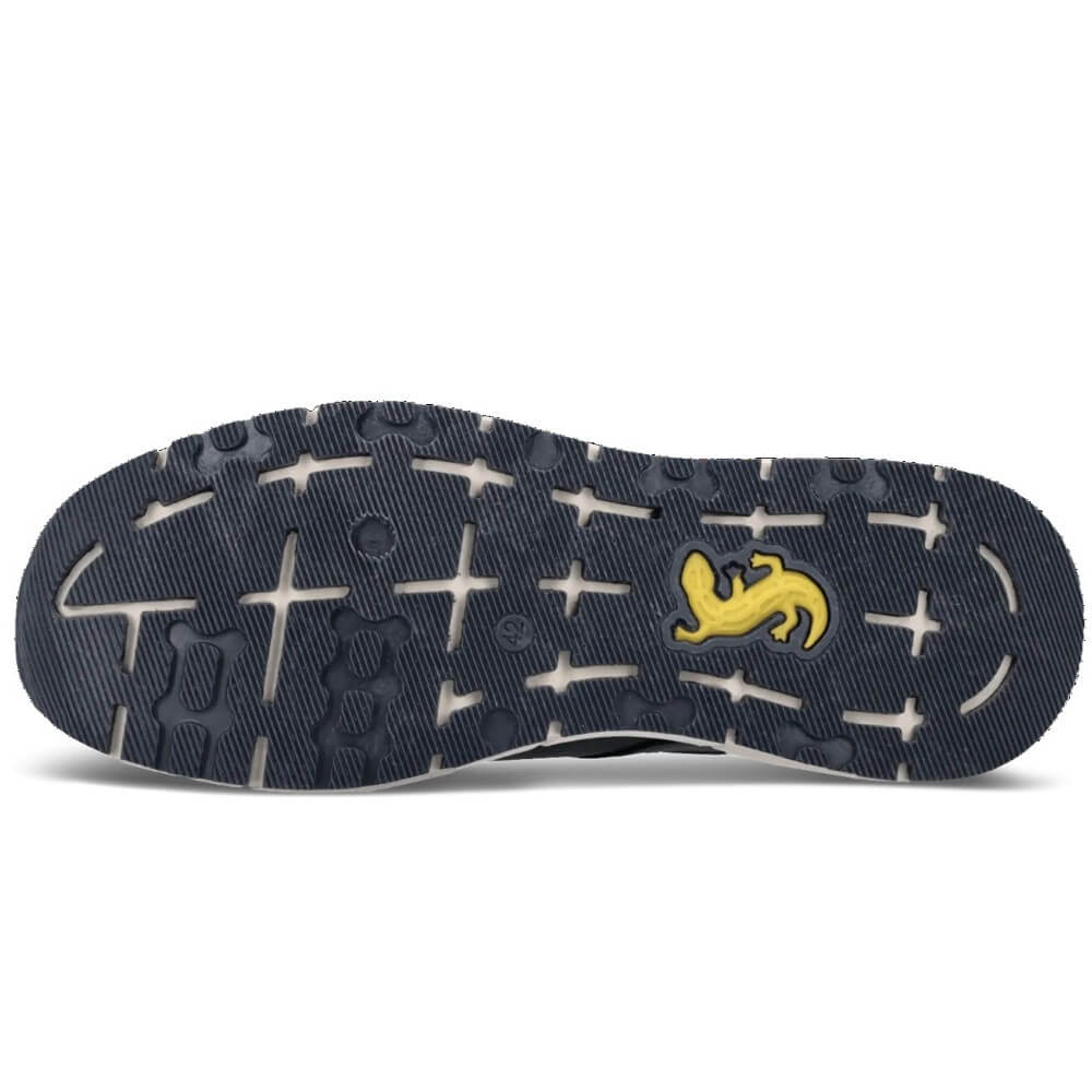 Navy blue sole of a shoe with white patterns and a yellow logo on a white background