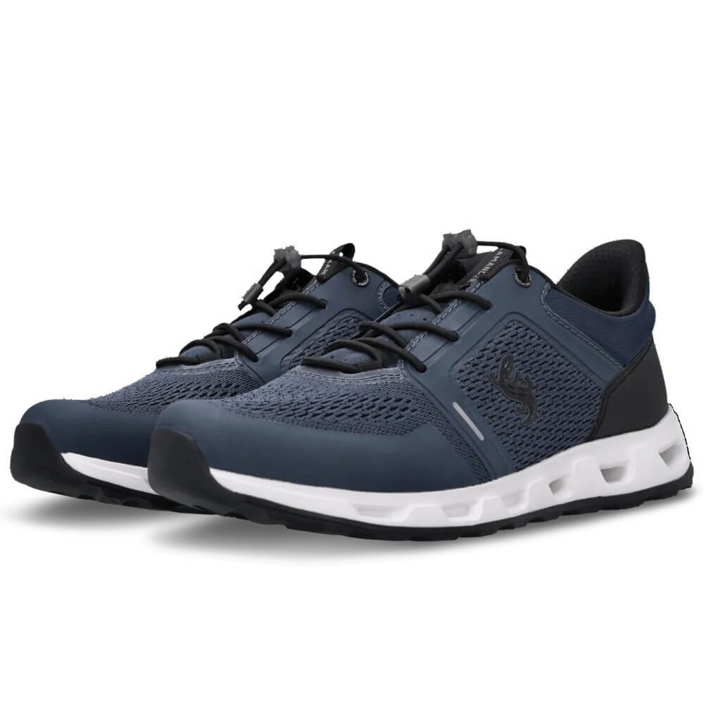 Pair of Salamander Navy trainers with white soles on a white background