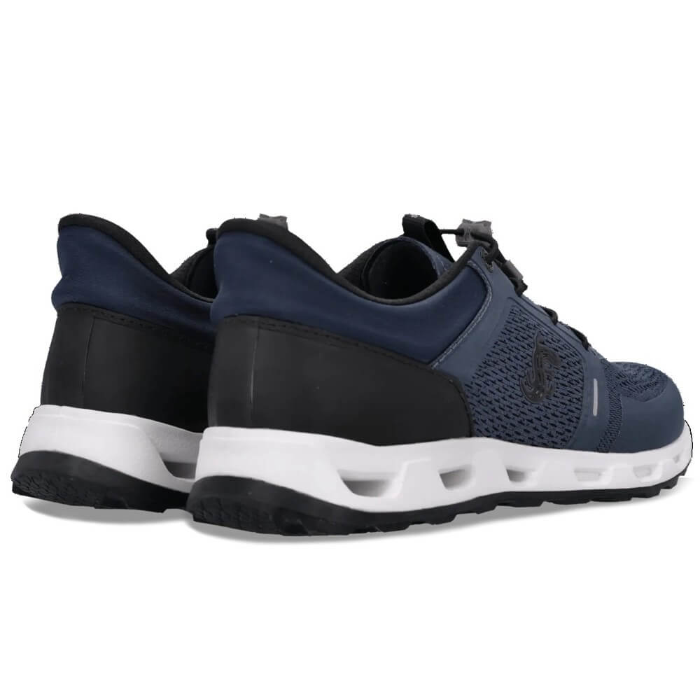 Navy and black athletic shoes with white soles on a white background