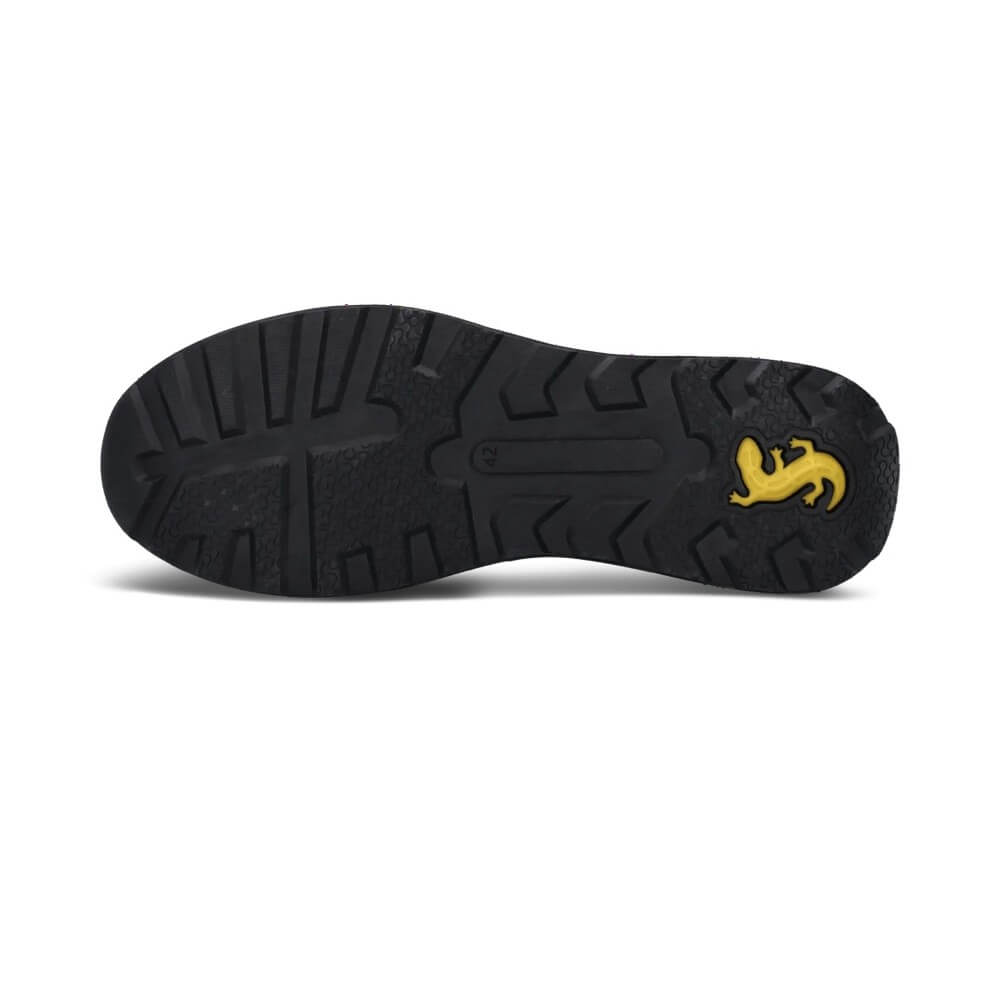 Black shoe sole with a yellow logo on a white background