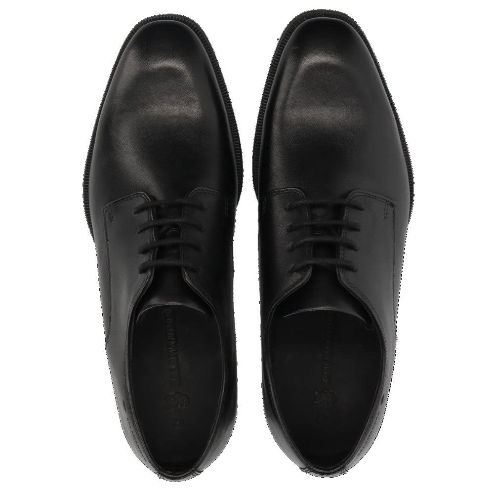 Pair of Salamander Black leather dress shoes on a white background