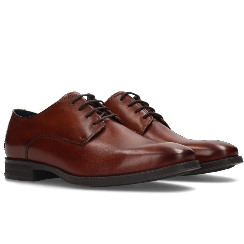 Pair of Salamander Brown leather dress shoes on a white background