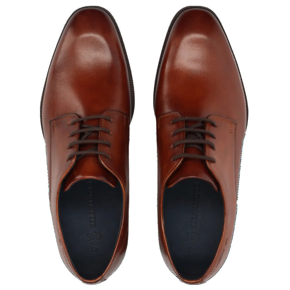 Pair of Salamander Brown leather dress shoes on a white background