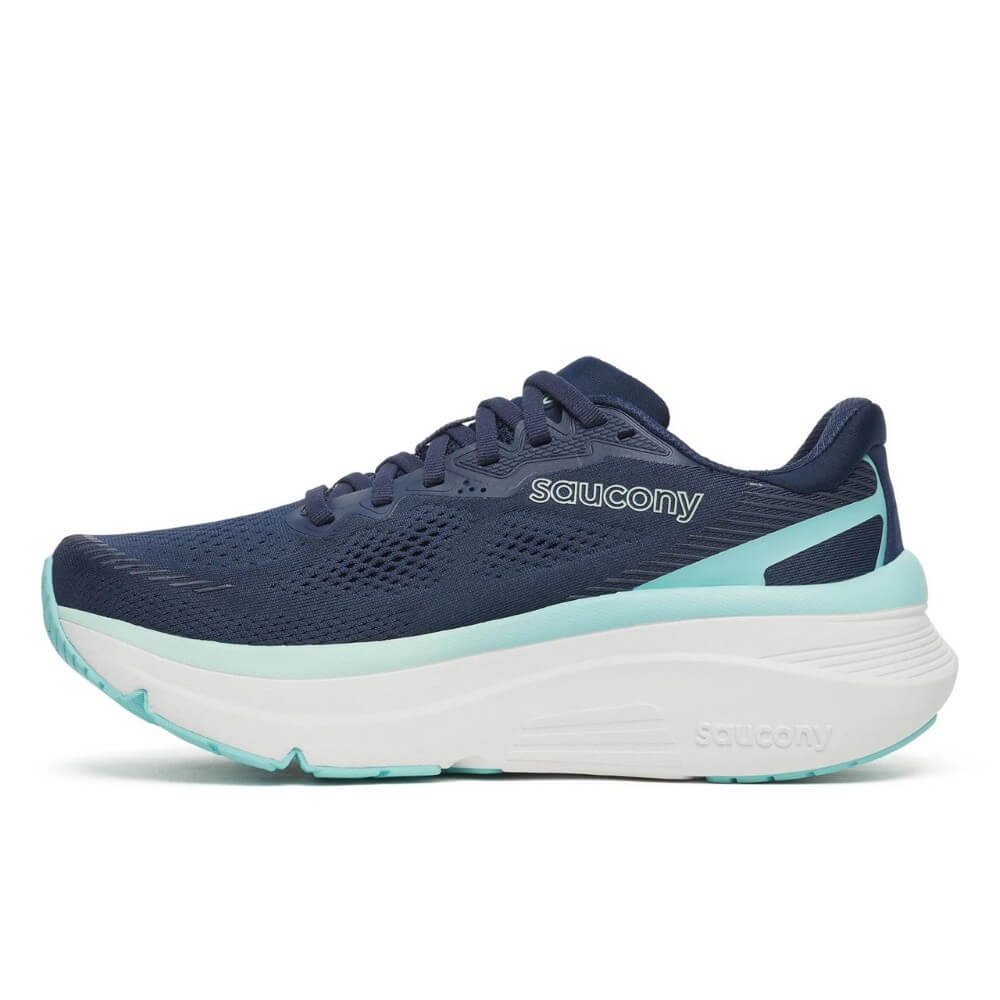 Navy and light blue running shoe with 'Saucony' branding on a white background