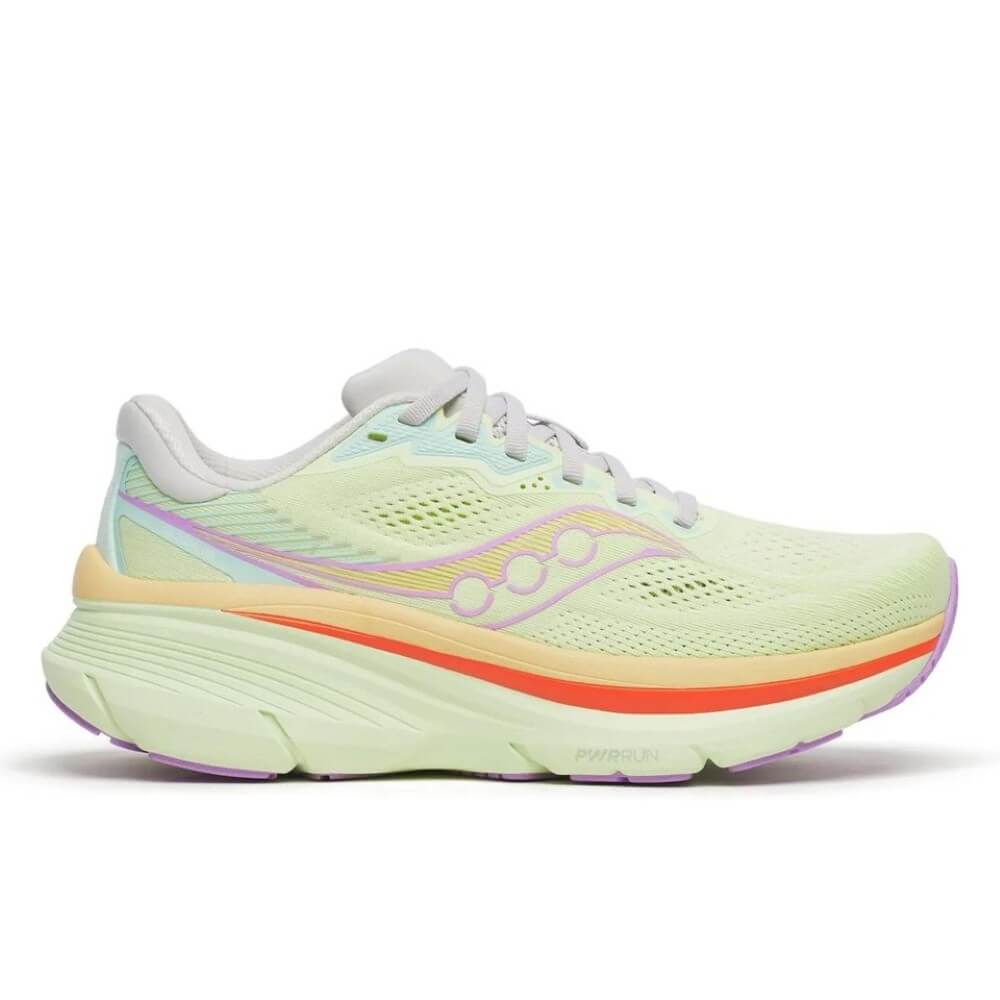 Saucony Guide 19 Lime green running shoe with colourful sole on a white background
