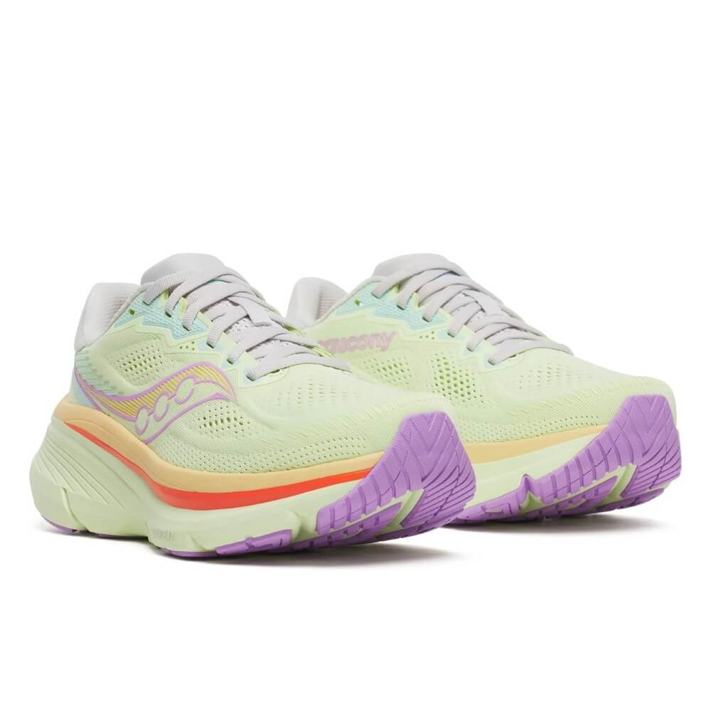 Saucony Guide 19 Lime green running shoes with colourful soles on a white background