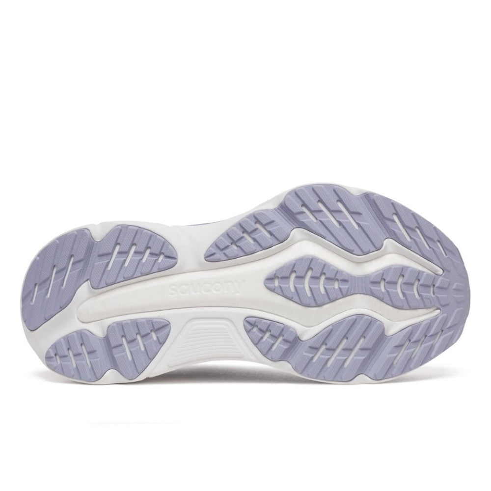 Close-up of a shoe sole with purple and white pattern on a white background