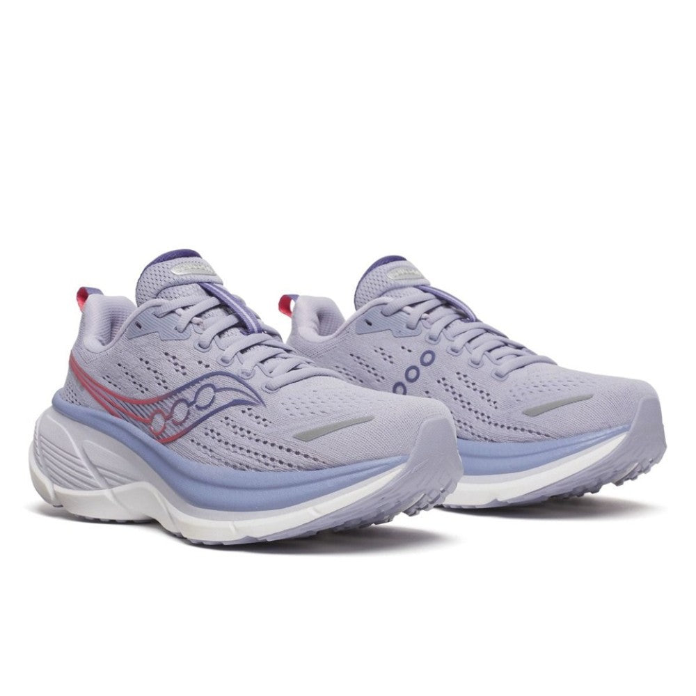 Pair of Saucony light purple running shoes with a visible brand logo on a white background