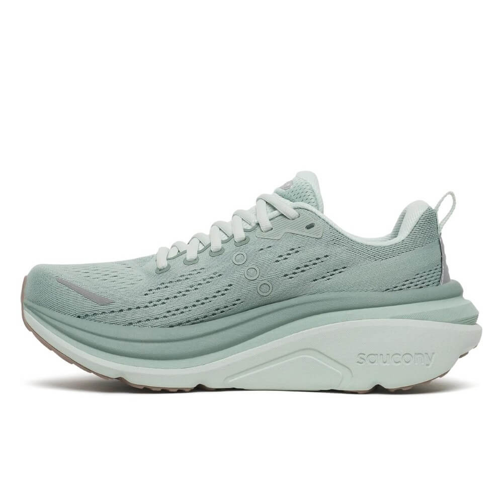 Light blue running shoe with 'Saucony' branding on a white background