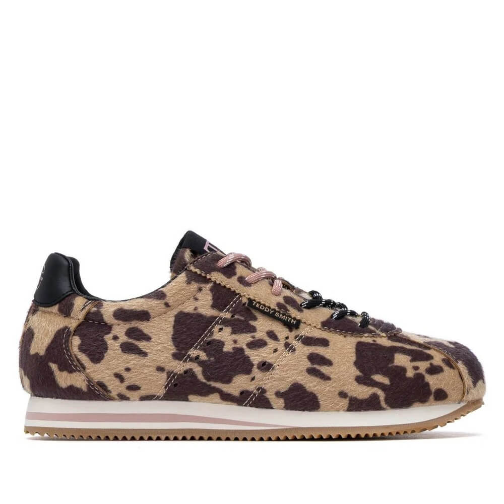 A Teddy Smith low-top sneaker featuring a beige and dark brown animal print pattern, with black laces, a black heel tab, and a white midsole with a light pink stripe.