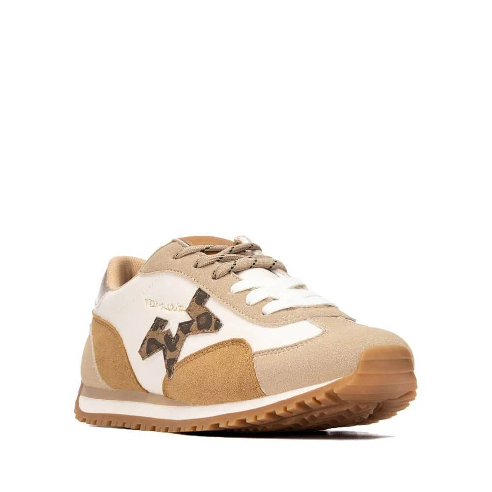 A Teddy Smith low-top sneaker in beige, white, and brown suede and mesh, featuring a brown and black patterned logo on the side, white laces, and a brown gum sole, shown against a plain white background.