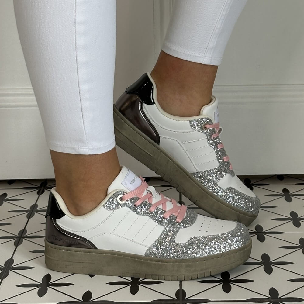 White sneakers with silver glitter and pink accents  Teddy Smith Sneakers 120297 Silver Sparkle and White