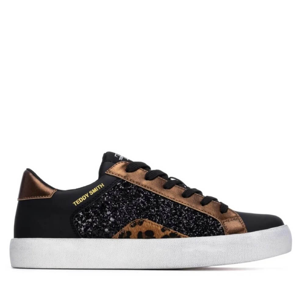 Black sneaker with sparkle , leopard print and white sole on a white background Teddy Smith Trainer 120255 Black & Bronze