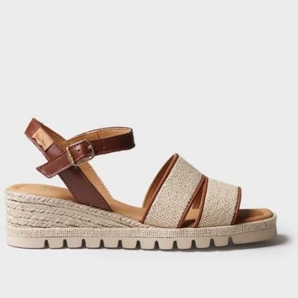 Toni Pons Beige wedge sandal with brown straps on a light grey background