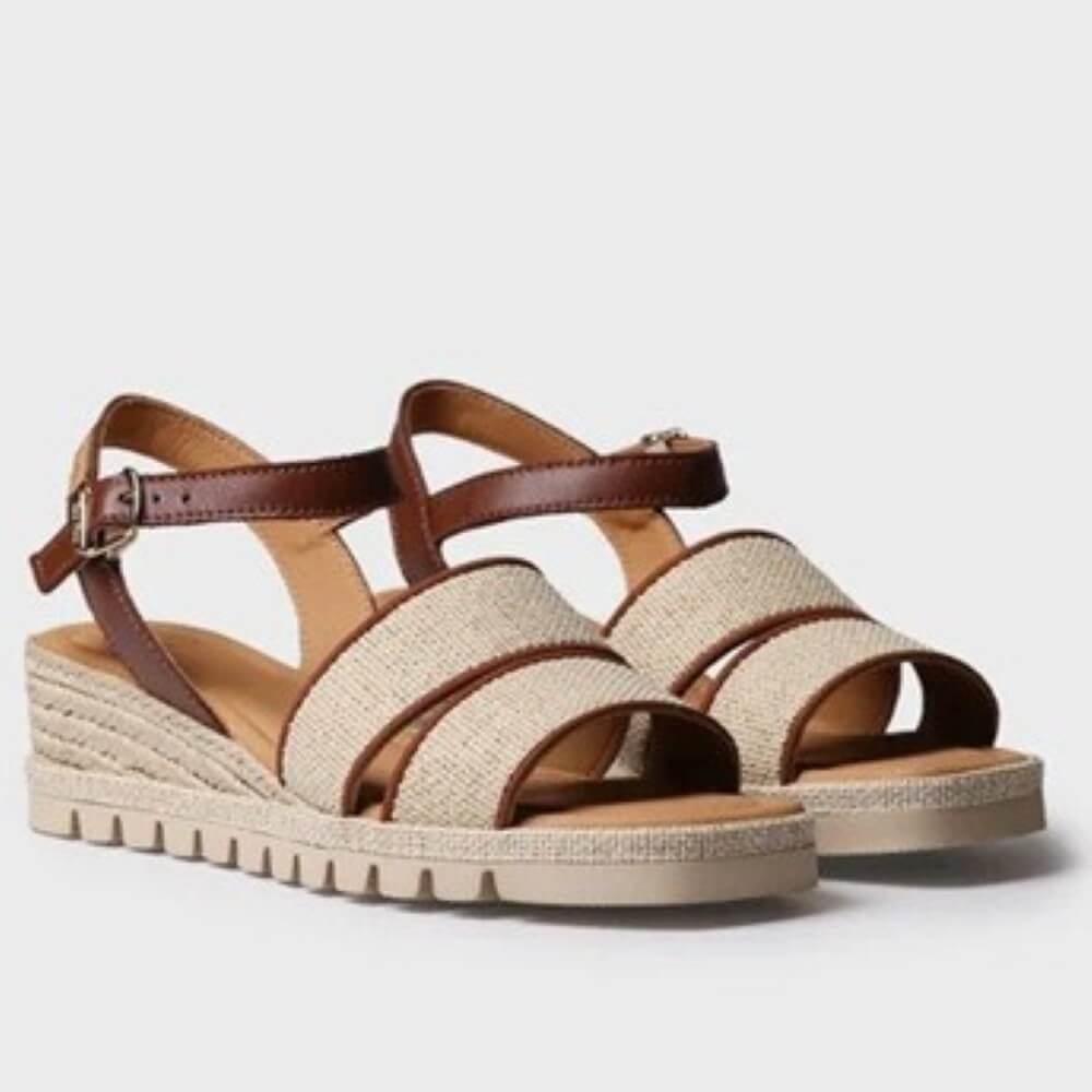 Toni Pons Beige wedge sandals with brown straps on a light grey background