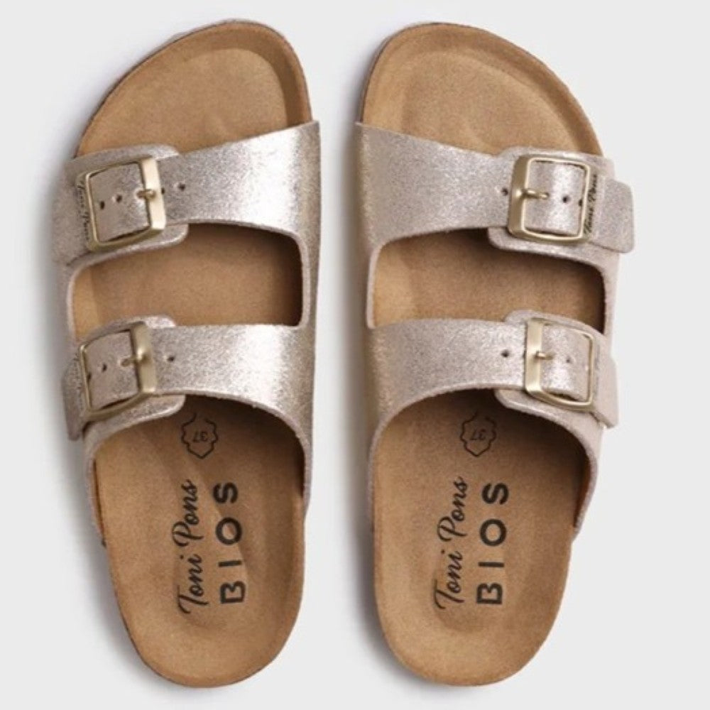 Pair of Toni Pons metallic sandals with buckles on a light grey background