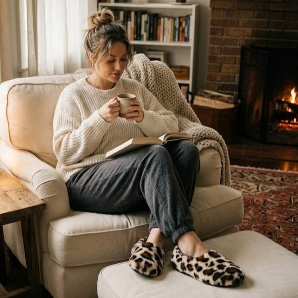 A woman relaxes in a cream armchair by a fireplace, wearing a cream knit sweater, dark grey jogger pants, and Toni Pons leopard-print slippers while holding a mug and reading a book.