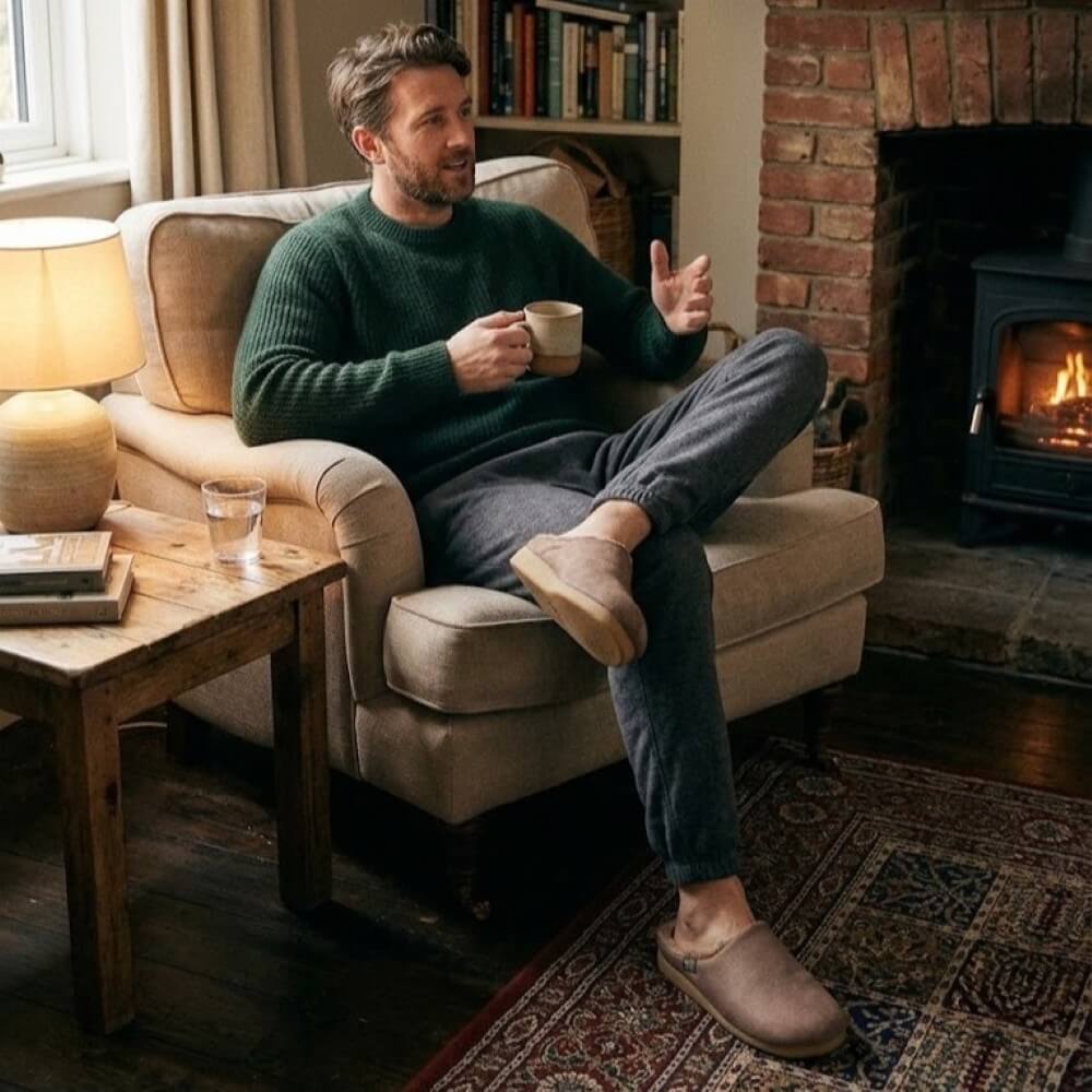 A man sits comfortably in a beige armchair in a cozy living room, wearing a dark green knit sweater, dark grey jogger pants, and Toni Pons beige slip-on slippers while holding a mug.