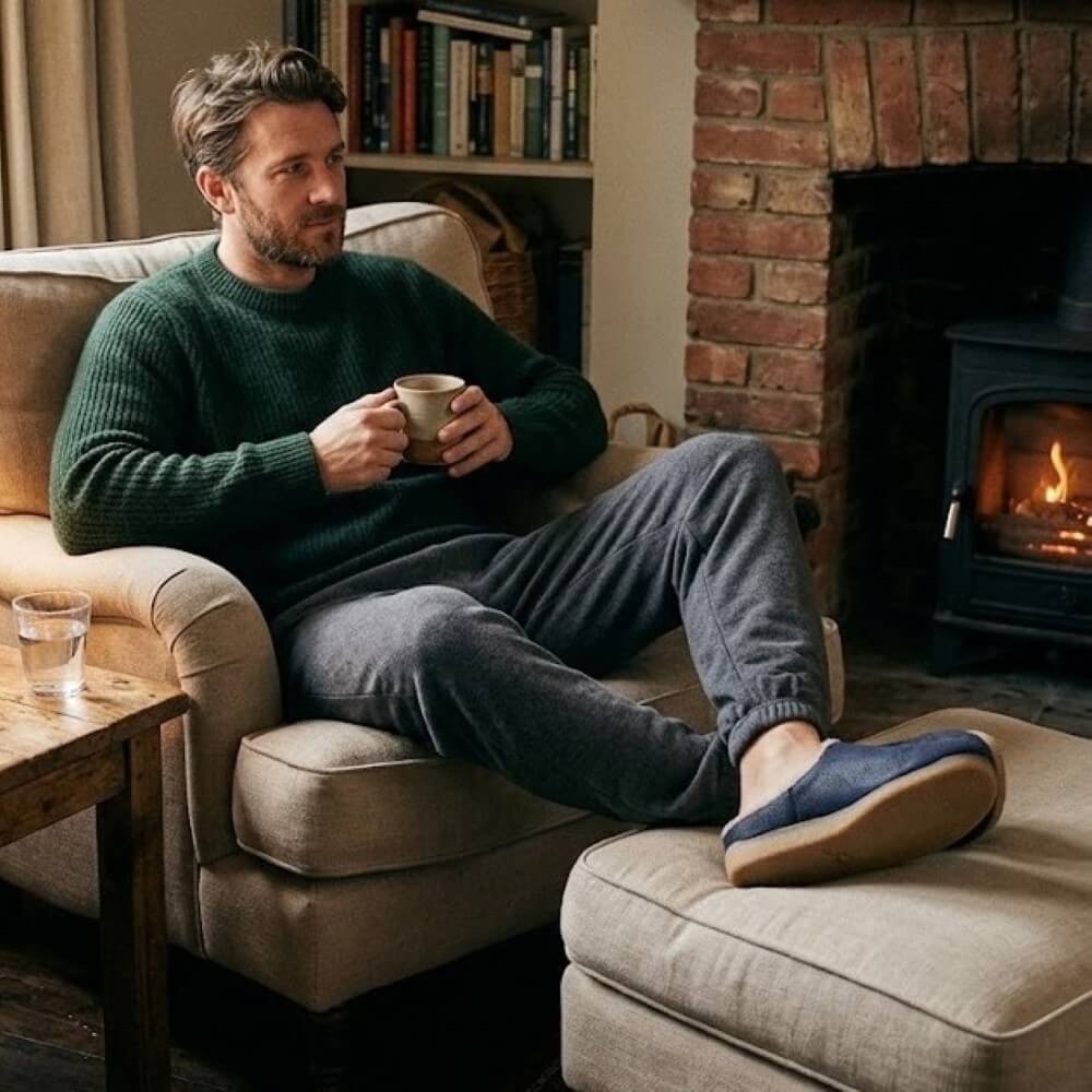 A man relaxes in a beige armchair by a brick fireplace, wearing Toni Pons Navy Slippers, a dark green knit sweater and gray jogger pants, holding a mug. A matching beige ottoman is in front of him, and a small table with a glass is to his left.