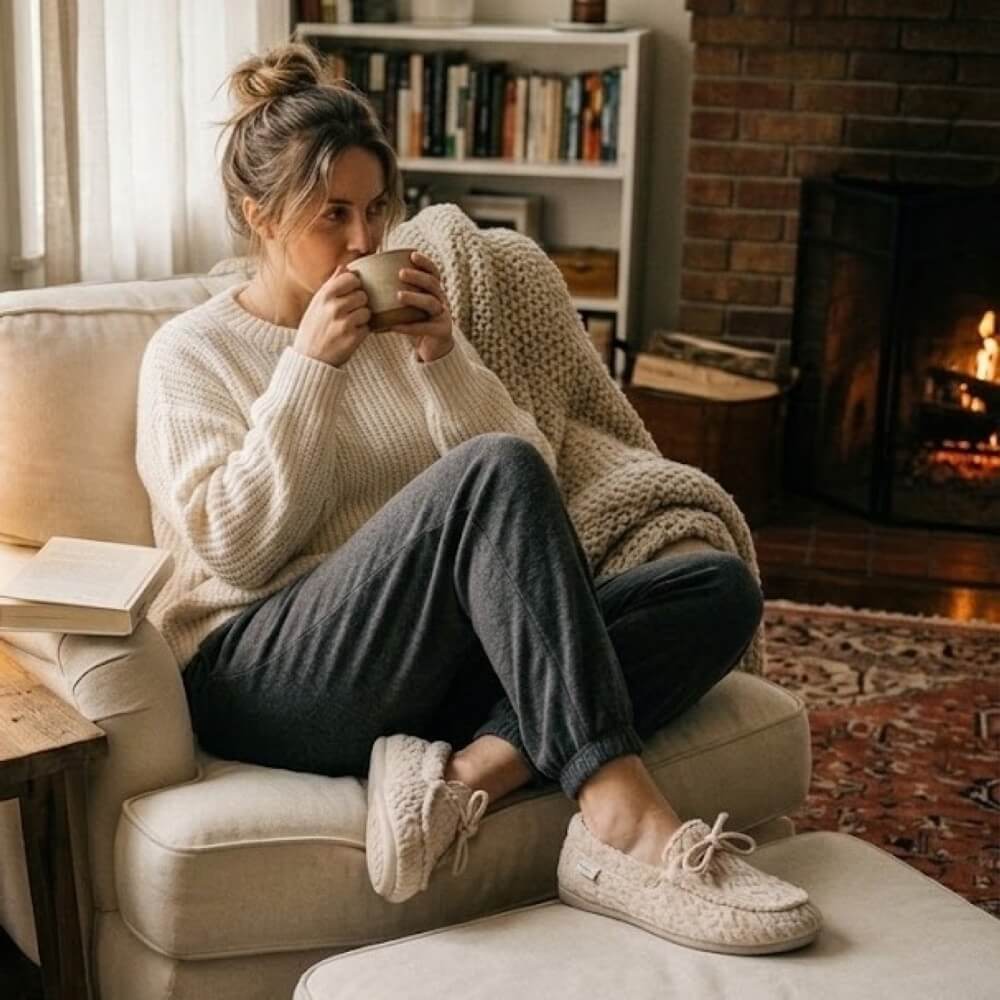 A woman relaxes in a cozy beige armchair by a fireplace, wrapped in a chunky knit throw blanket and wearing a cream ribbed sweater, dark gray lounge pants, and Toni Pons cream knit slip-on slippers while holding a mug.