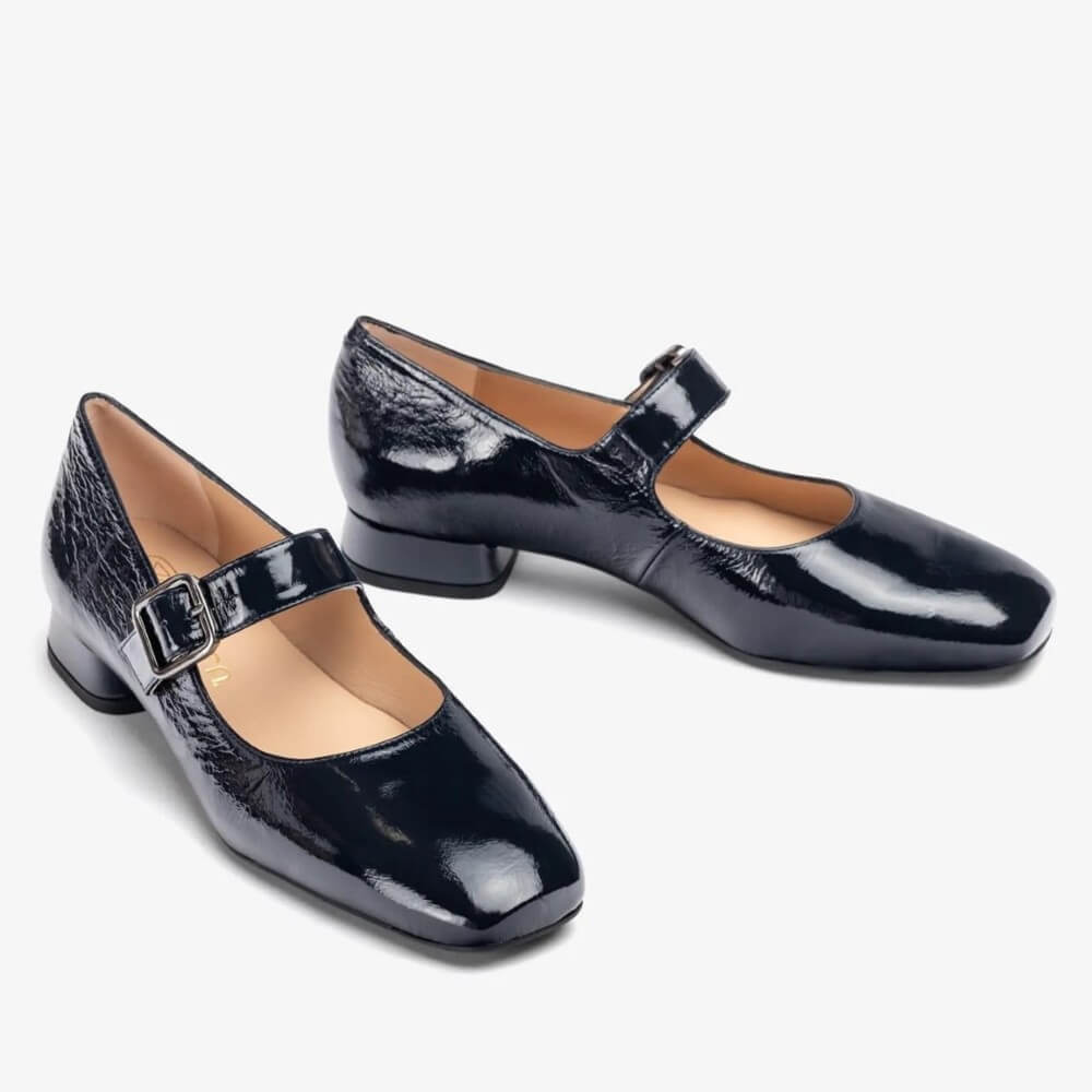 Black patent leather shoe with a buckle on a white background UNISA CULVER Leather Mary Jane Shoe-BLACK