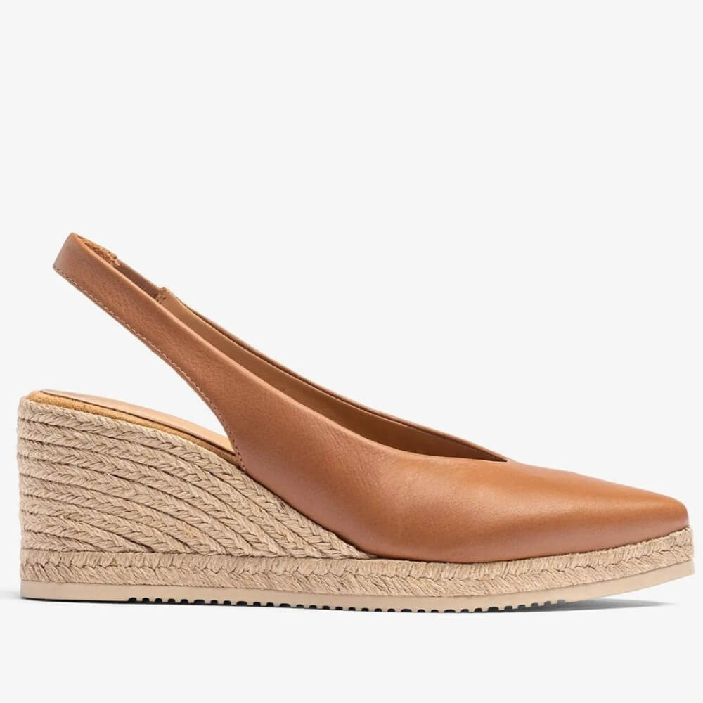 Unisa Tan wedge sandal with espadrille sole on a light grey background