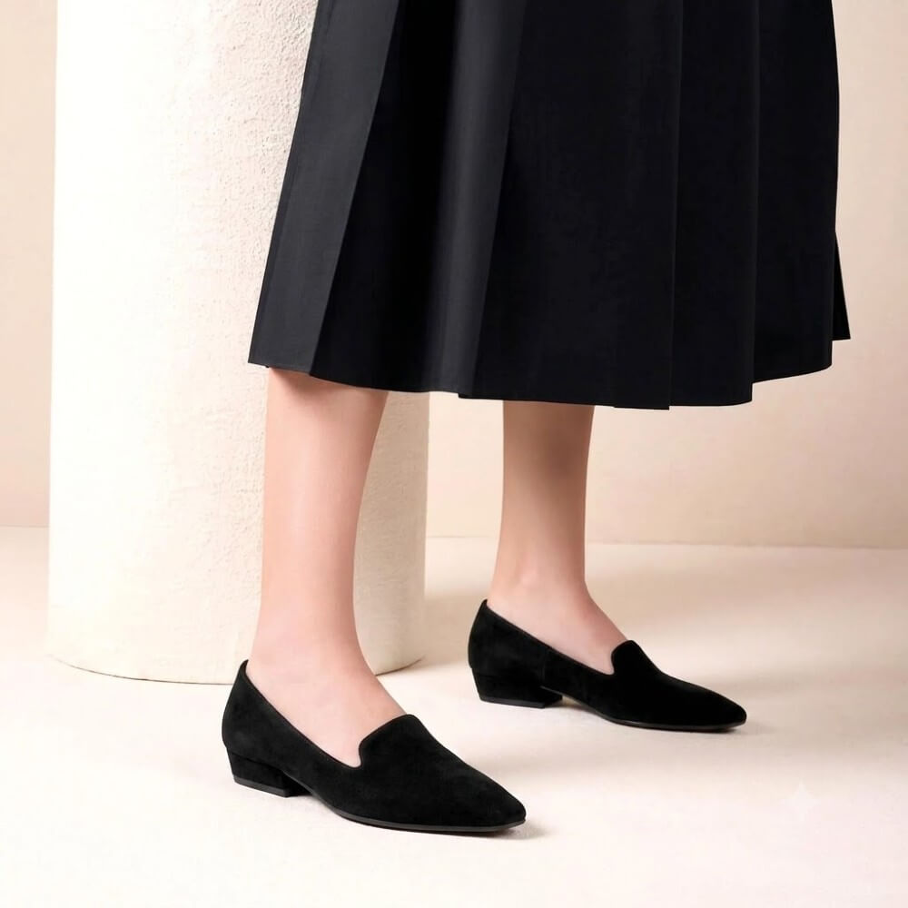 A person wearing Unisa black suede slip-on loafers with low block heels, paired with a black midi skirt, standing against a minimalist beige background.