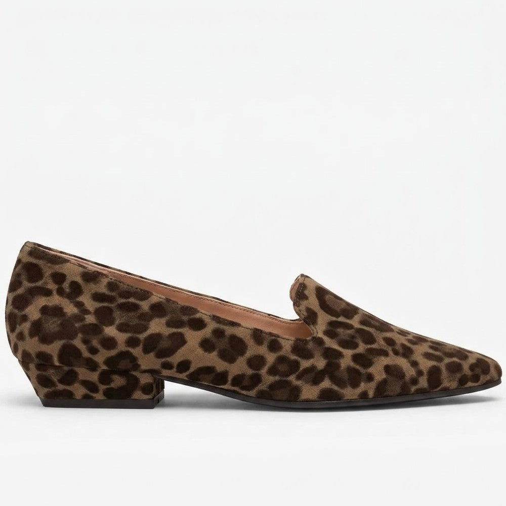 A Unisa pointed-toe slip-on shoe in brown and beige leopard print suede, shown from a side profile view against a plain white background.