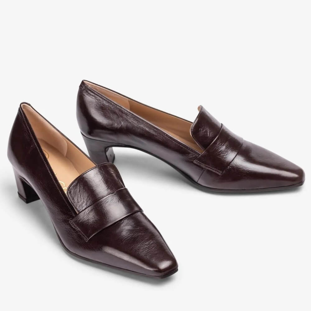 A pair of Unisa dark brown leather pointed-toe pumps with low block heels, displayed on a clean light grey background.
