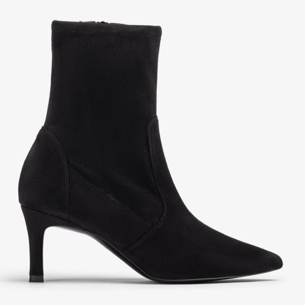 A Unisa black ankle boot with a pointed toe and a slim high heel, shown in profile against a light grey background.