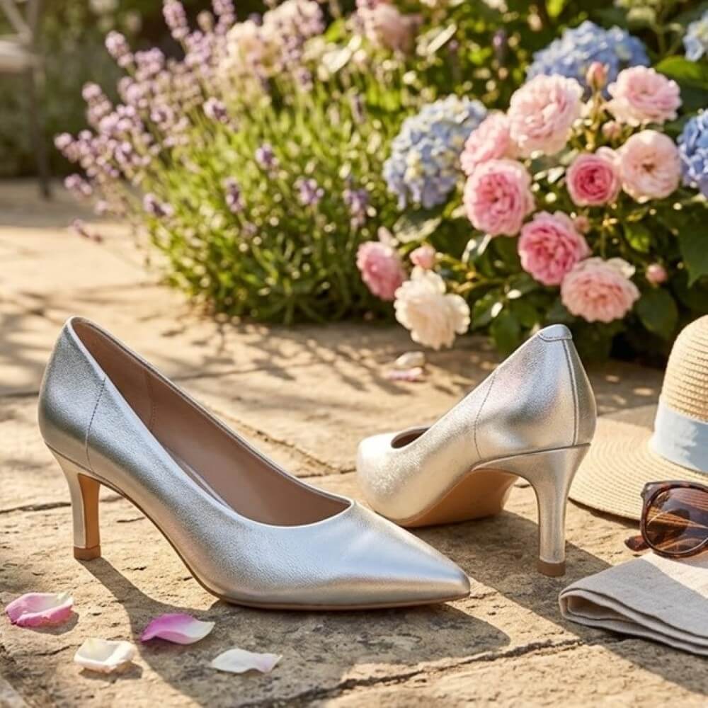 Unisa Lenis Silver high-heeled shoes  on a stone path with flowers and a hat in the background.