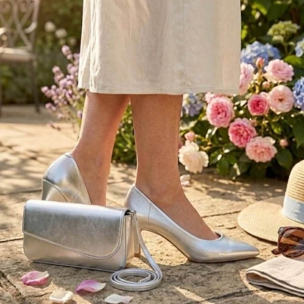 Silver high-heeled shoes and matching handbag worn by a person standing outdoors with flowers in the background.