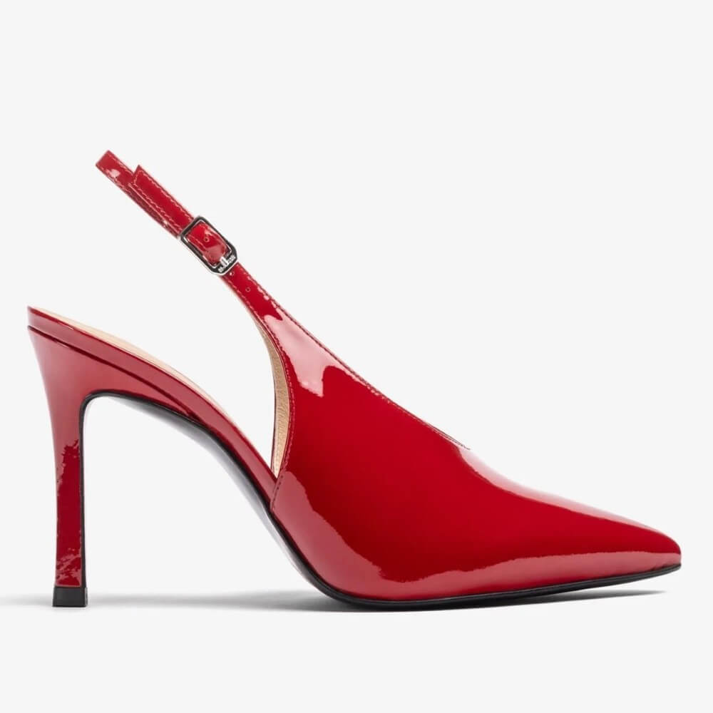 Red high-heeled shoe with a slingback design on a white background Unisa Tabar Patent Leather Slingback Raspberry Red