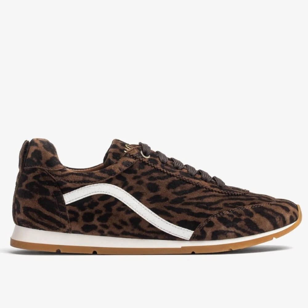 Leopard print sneaker with a white stripe on a light gray background Unisa Dalai Suede Trainer Leopard