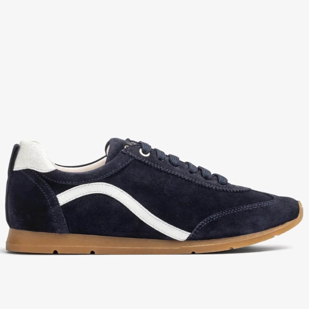 Navy blue sneaker with white stripe on a white background Unisa Dalai Suede Trainer Navy